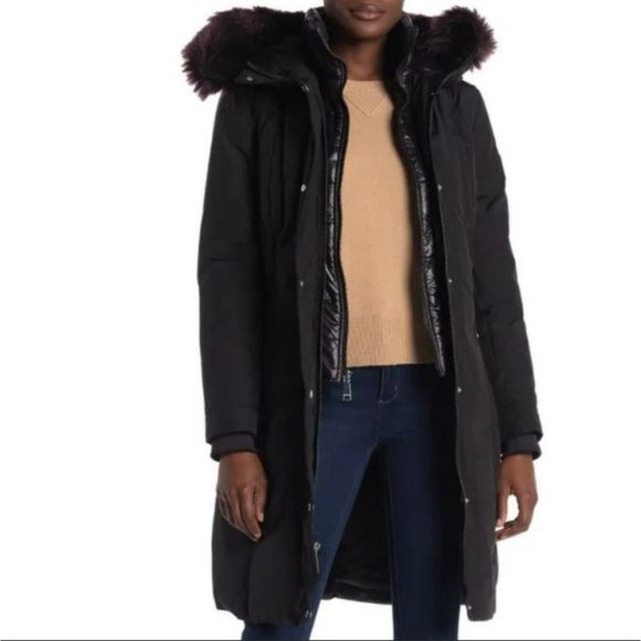 Nine West Parka Faux Fur Trim Hood Long Black Size Medium NWT